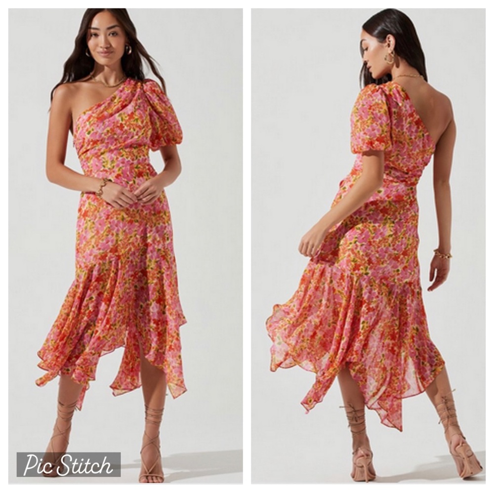 Astr Floral One-Shoulder Dress - Pink and Yellow